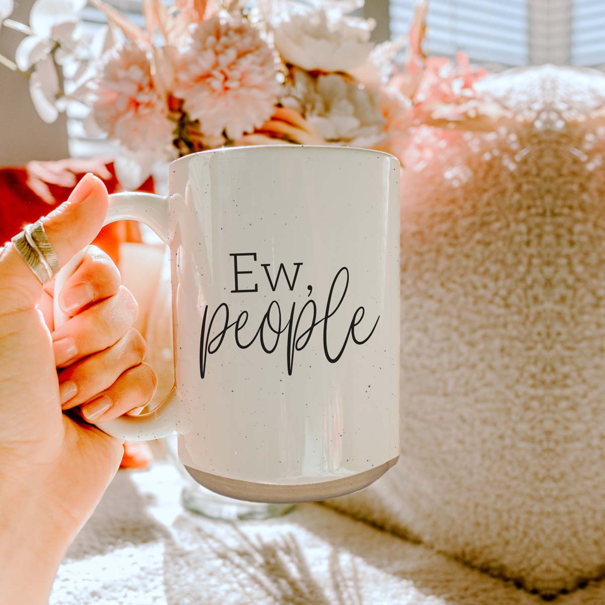 Ew People 16oz Ceramic Mug with dark speckles and bold graphic design, perfect for introverts.