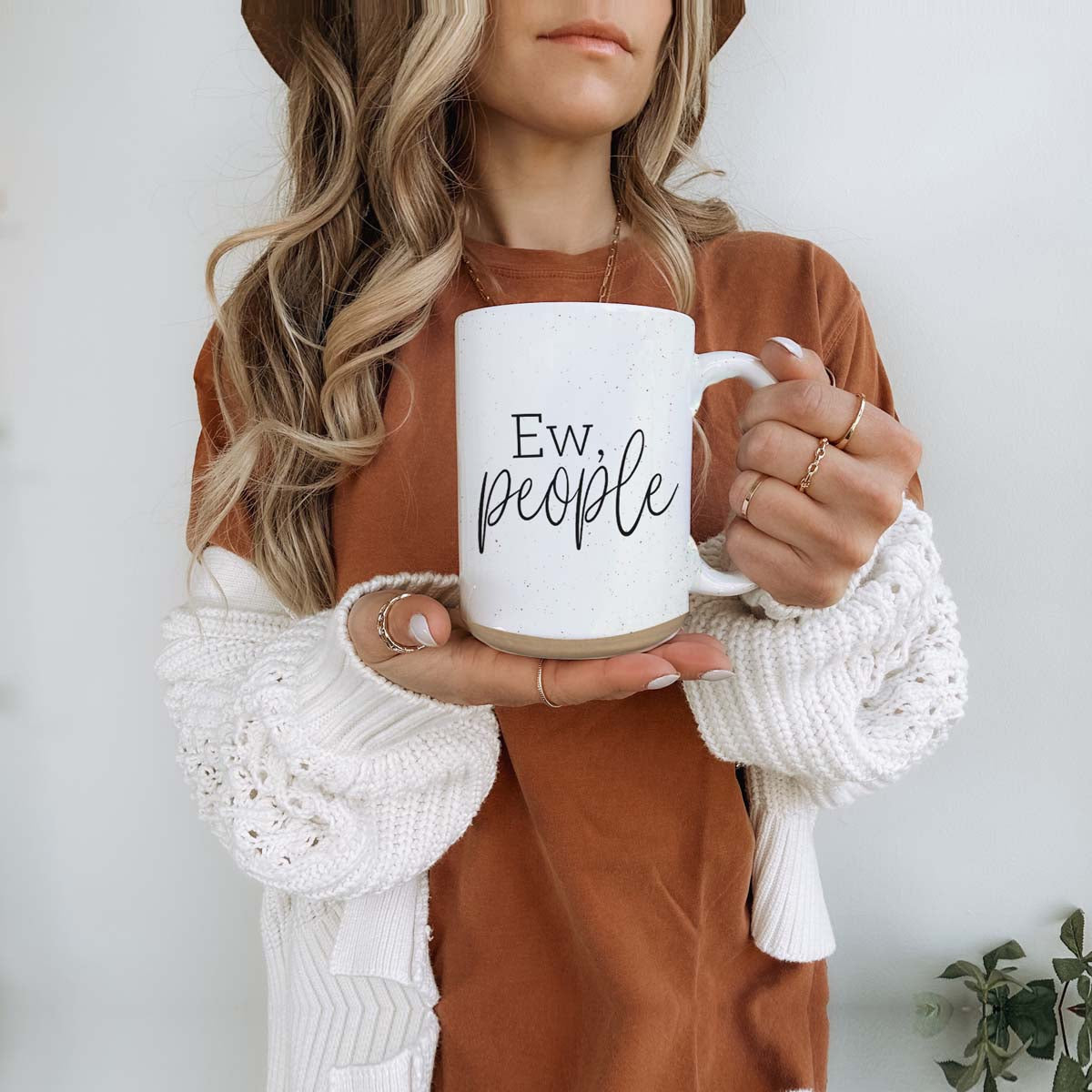 Ew People 16oz Ceramic Mug with dark speckles and bold graphic design, perfect for introverts.