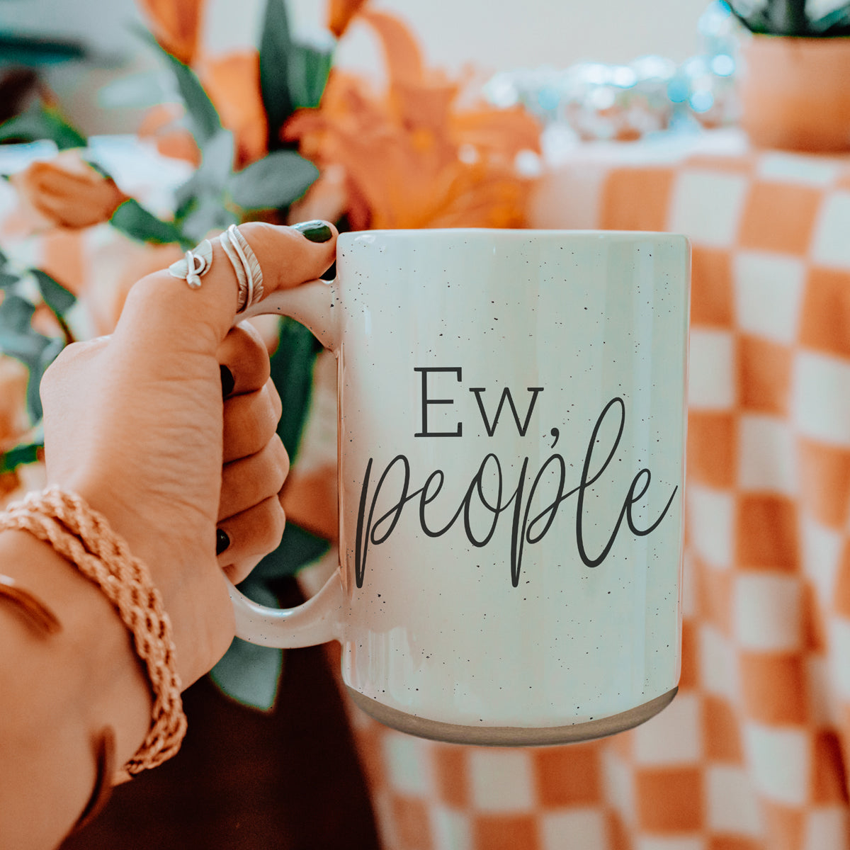 Ew People 16oz Ceramic Mug with dark speckles and bold graphic design, perfect for introverts.