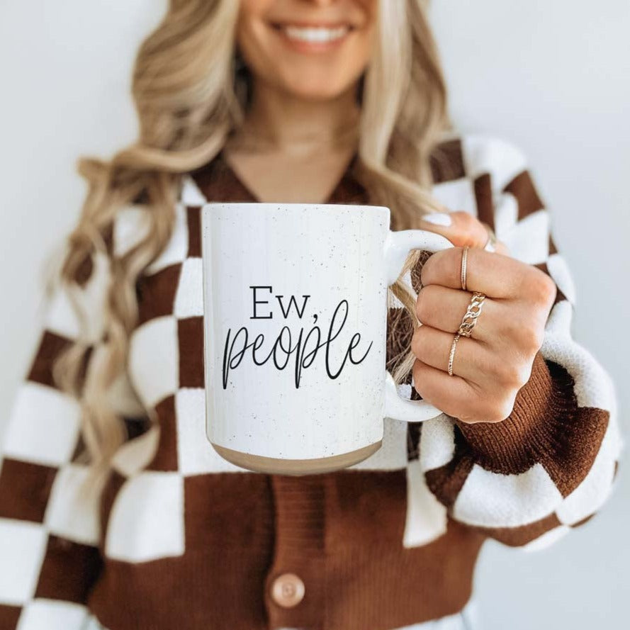 Ew People 16oz Ceramic Mug with dark speckles and bold graphic design, perfect for introverts.