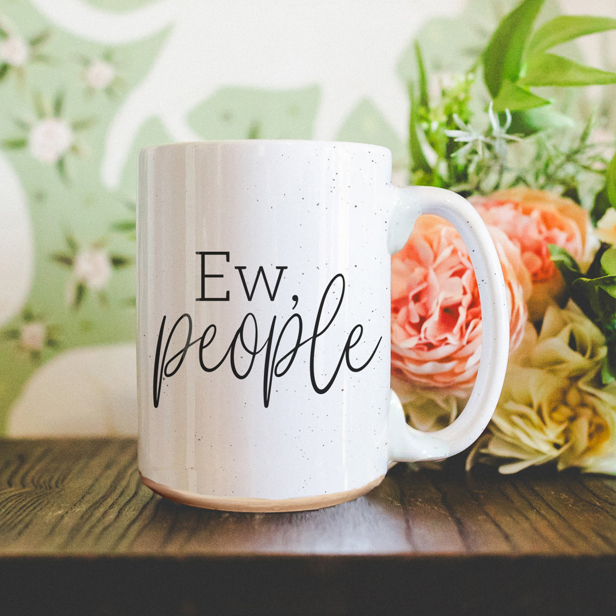 Ew People 16oz Ceramic Mug with dark speckles and bold graphic design, perfect for introverts.