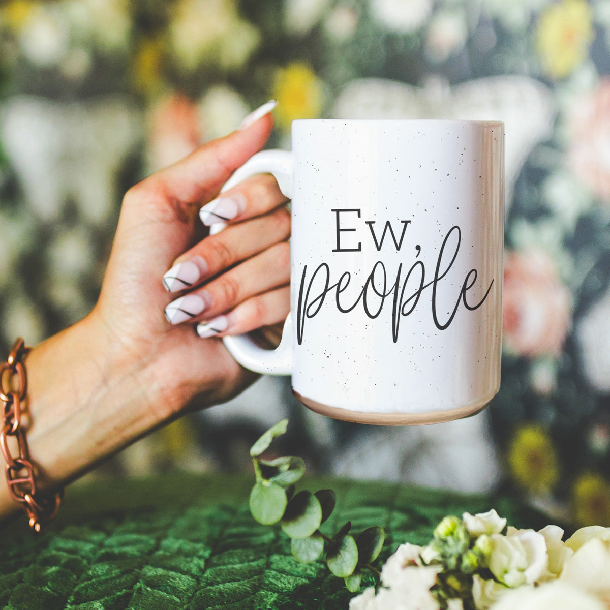 Ew People 16oz Ceramic Mug with dark speckles and bold graphic design, perfect for introverts.