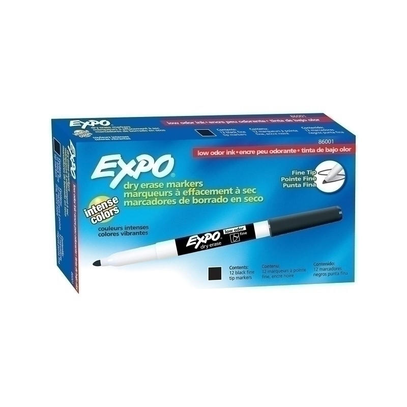 EXPO W/B Marker Fine Black Box of 12, featuring low-odor blue ink and fine tips, ideal for classrooms and offices.