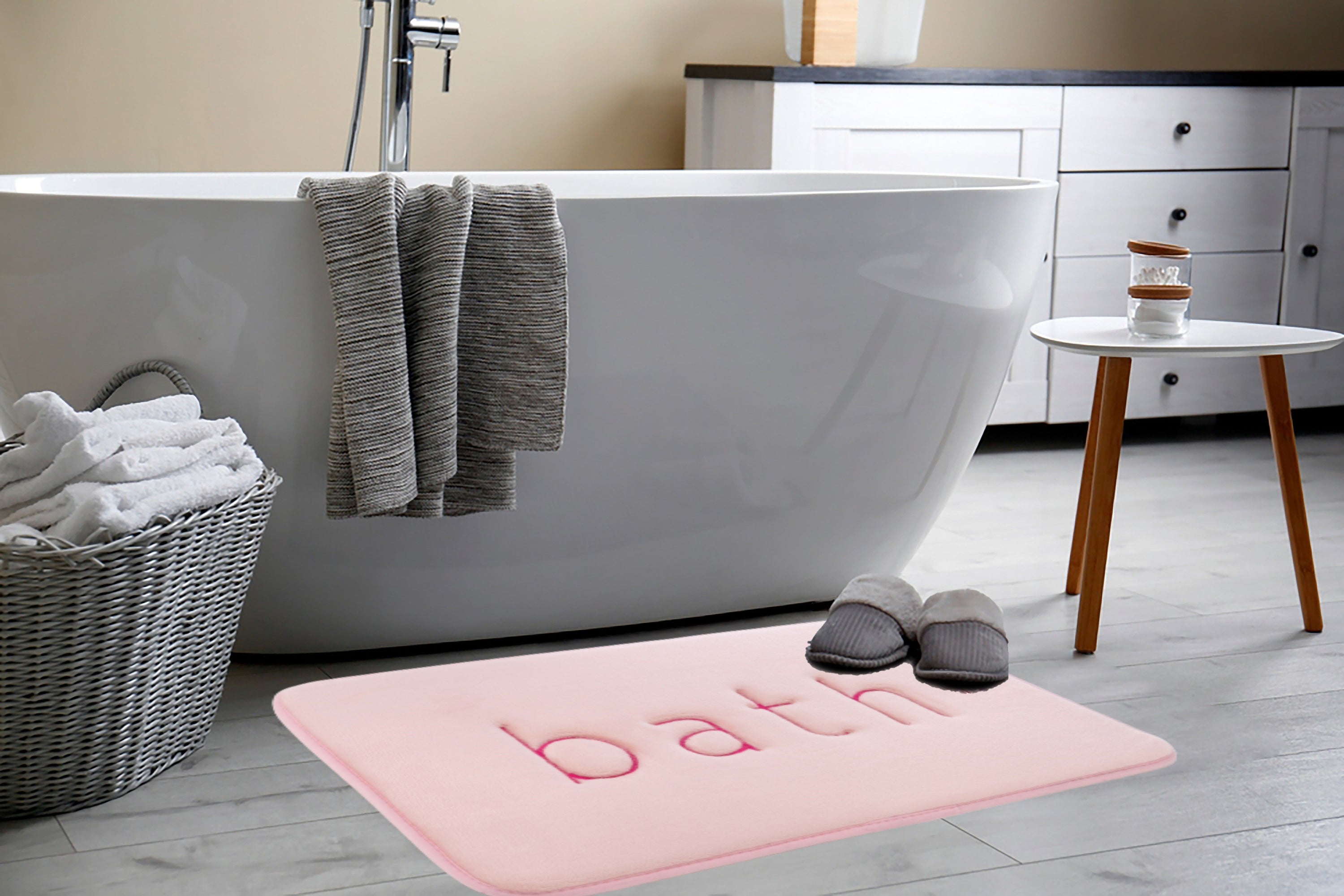 Extra Thick Memory Foam Bath Rug Mat in pink, featuring a luxurious velvet top layer and durable construction, perfect for bathroom comfort.