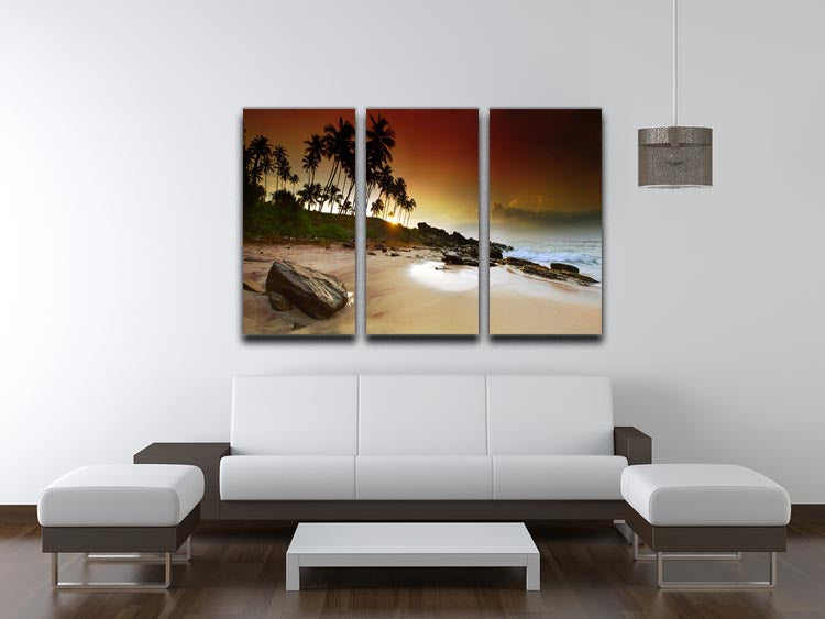 A stunning 3-panel canvas print depicting a vivid sunrise, showcasing vibrant colors and serene beauty, perfect for home decor.