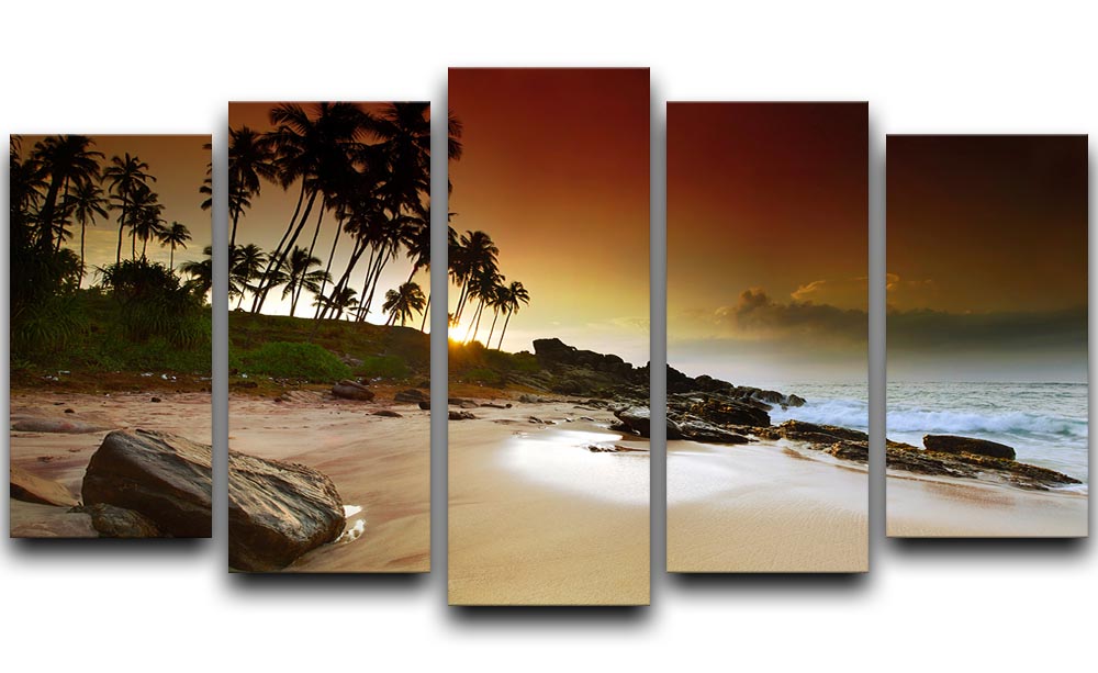 A stunning 5-panel canvas artwork depicting a vivid sunrise with vibrant colors of orange, pink, and yellow.