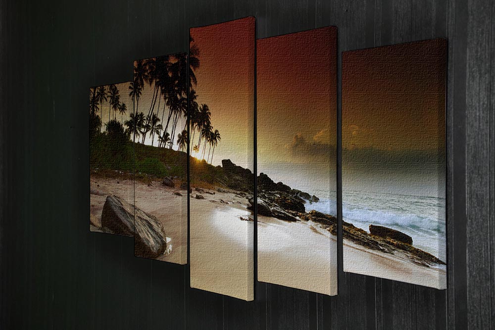 A stunning 5-panel canvas artwork depicting a vivid sunrise with vibrant colors of orange, pink, and yellow.