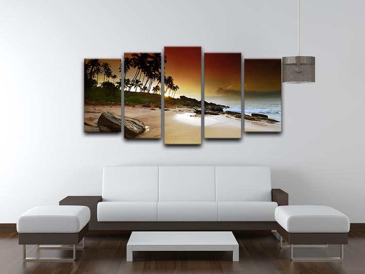 A stunning 5-panel canvas artwork depicting a vivid sunrise with vibrant colors of orange, pink, and yellow.