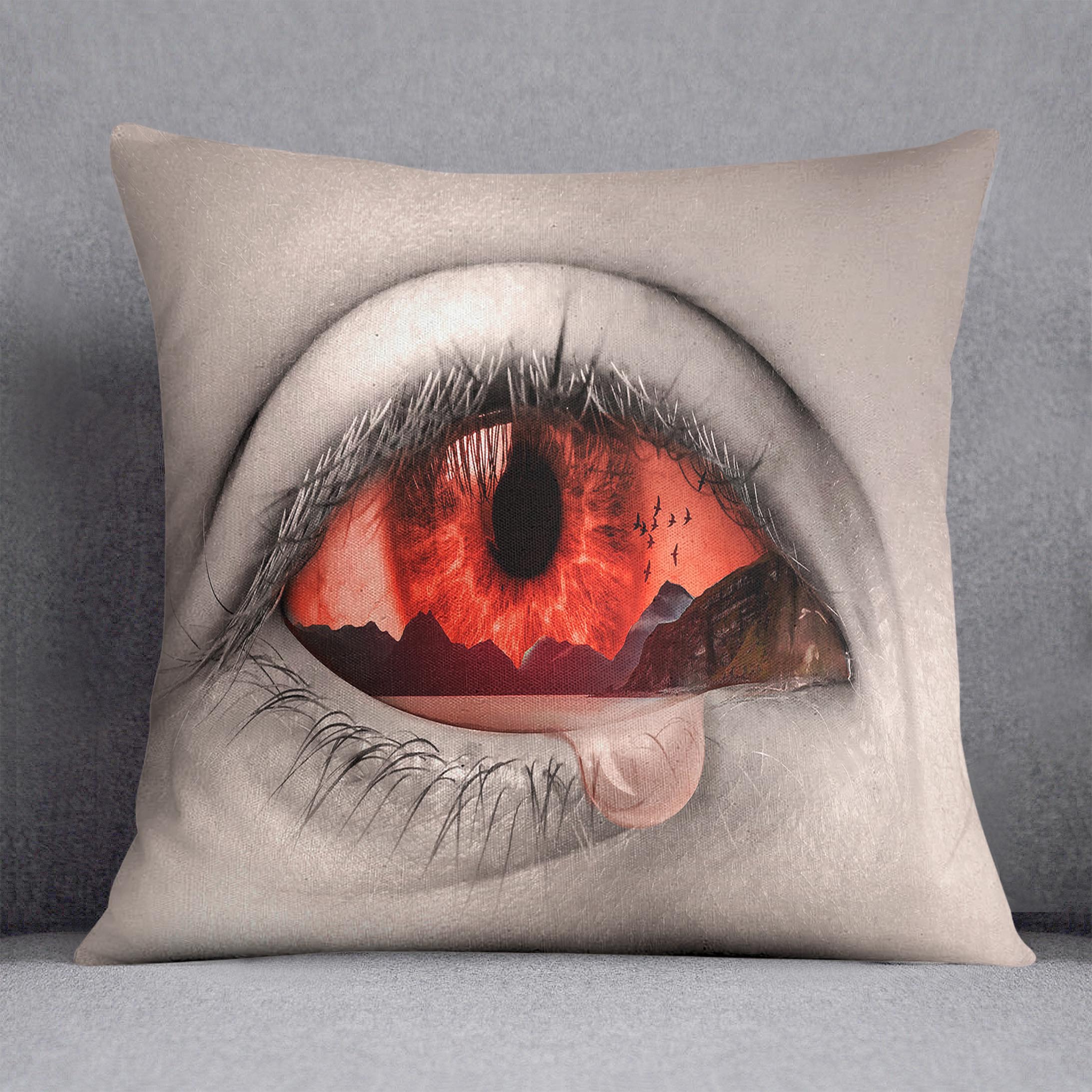 Eye Of Nature Cushion featuring vibrant abstract designs on luxurious vegan faux suede, showcasing its plush filling and handmade quality.