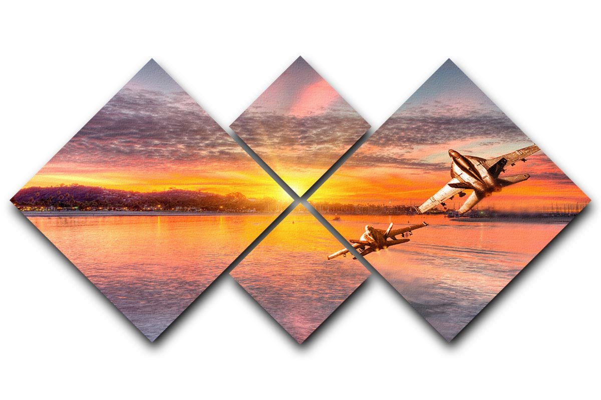 F 18 Squadron Over the Sea 4 Square Multi Panel Canvas artwork featuring four panels depicting an aircraft over the ocean.