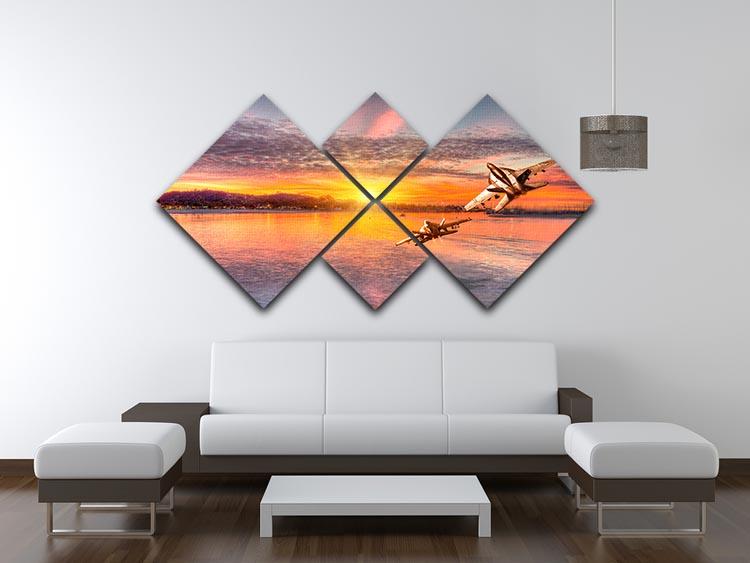 F 18 Squadron Over the Sea 4 Square Multi Panel Canvas artwork featuring four panels depicting an aircraft over the ocean.