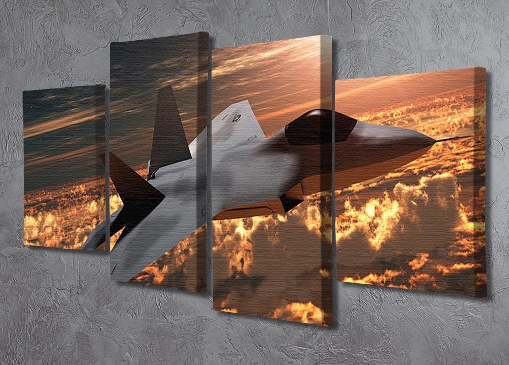 A stunning 4-split canvas artwork featuring an F22 fighter jet silhouetted against a vibrant sunset, creating a dynamic visual experience.