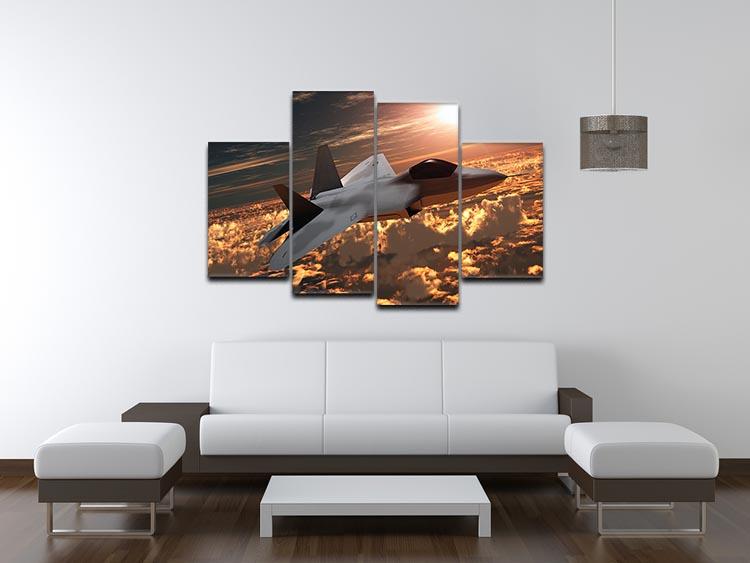 A stunning 4-split canvas artwork featuring an F22 fighter jet silhouetted against a vibrant sunset, creating a dynamic visual experience.