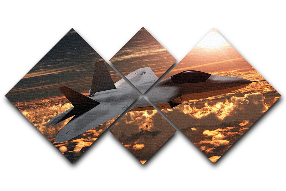 A stunning multi-panel canvas artwork featuring an F22 fighter jet soaring against a vibrant sunset, divided into four equal square sections.
