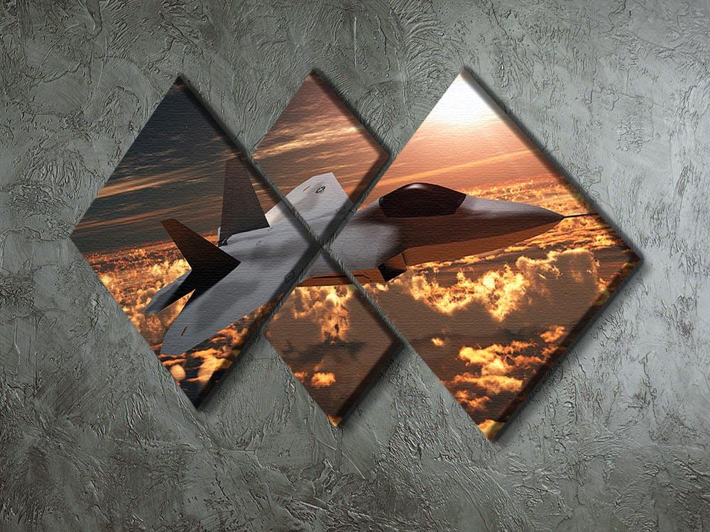 A stunning multi-panel canvas artwork featuring an F22 fighter jet soaring against a vibrant sunset, divided into four equal square sections.