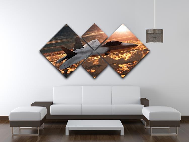 A stunning multi-panel canvas artwork featuring an F22 fighter jet soaring against a vibrant sunset, divided into four equal square sections.
