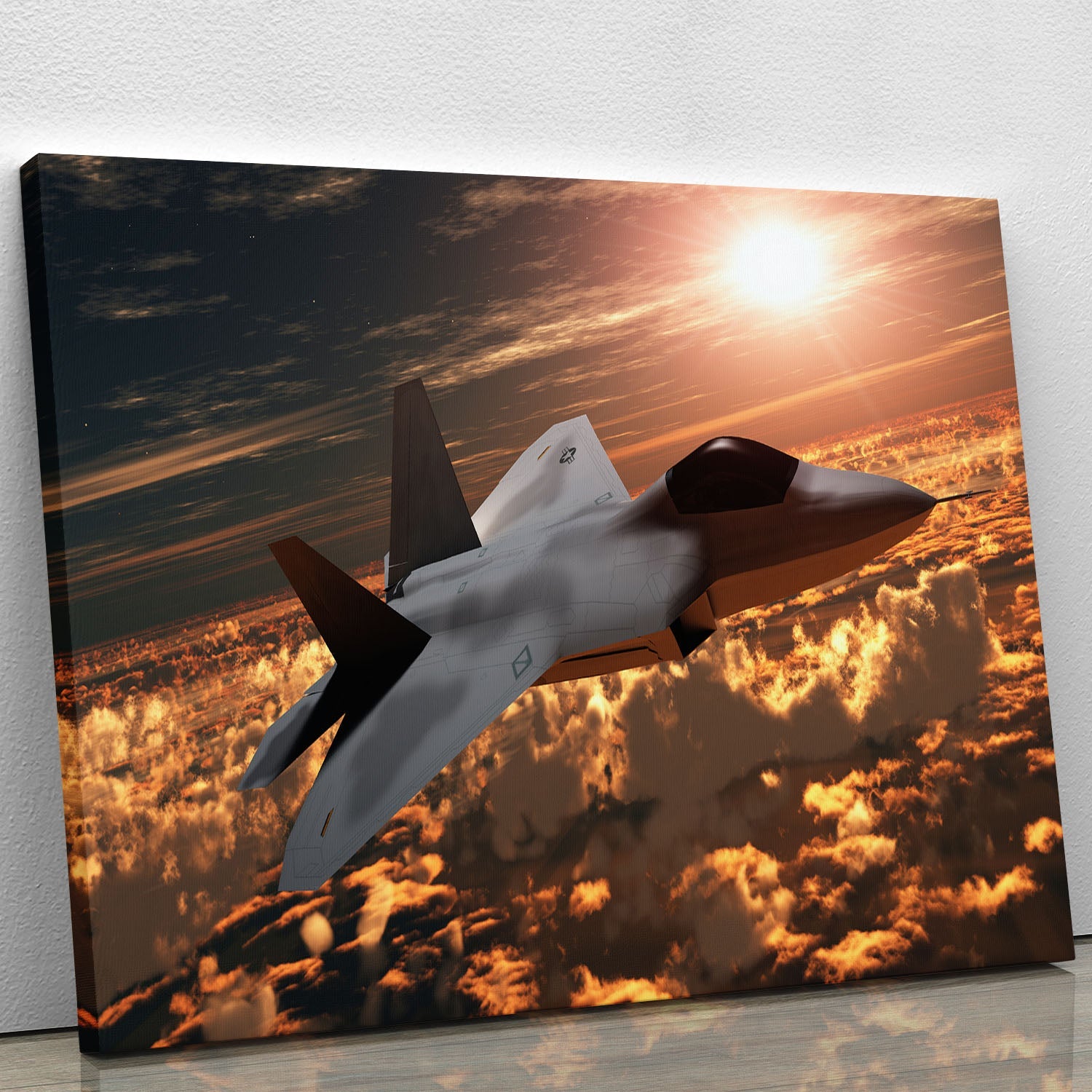 F22 Fighter Jet soaring against a vibrant sunset, showcasing rich colors and dynamic design on canvas.