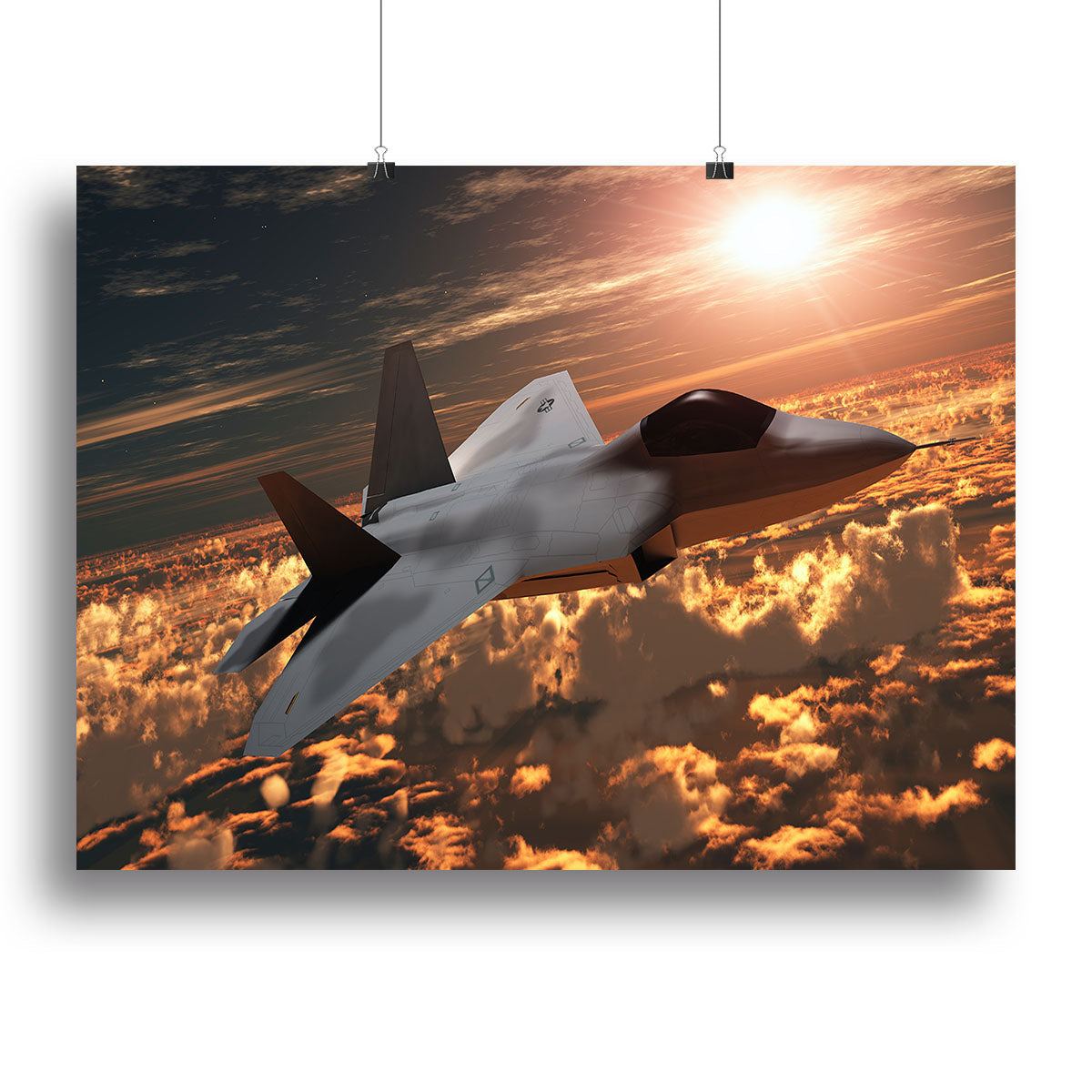 F22 Fighter Jet soaring against a vibrant sunset, showcasing rich colors and dynamic design on canvas.