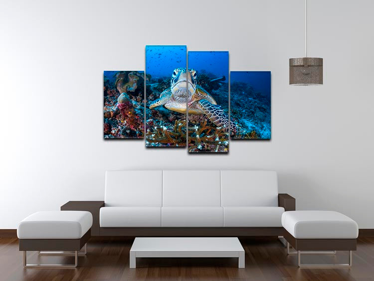 A stunning 4-split canvas artwork featuring a green turtle, showcasing vibrant colors and intricate details across four panels.