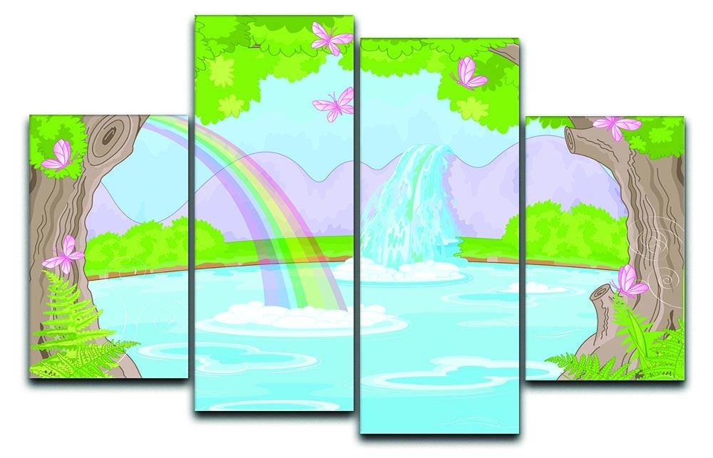 A stunning 4-split canvas artwork featuring a fairy landscape with a fabulous waterfall, showcasing vibrant colors and intricate details.