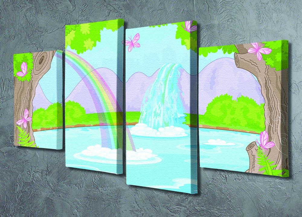 A stunning 4-split canvas artwork featuring a fairy landscape with a fabulous waterfall, showcasing vibrant colors and intricate details.