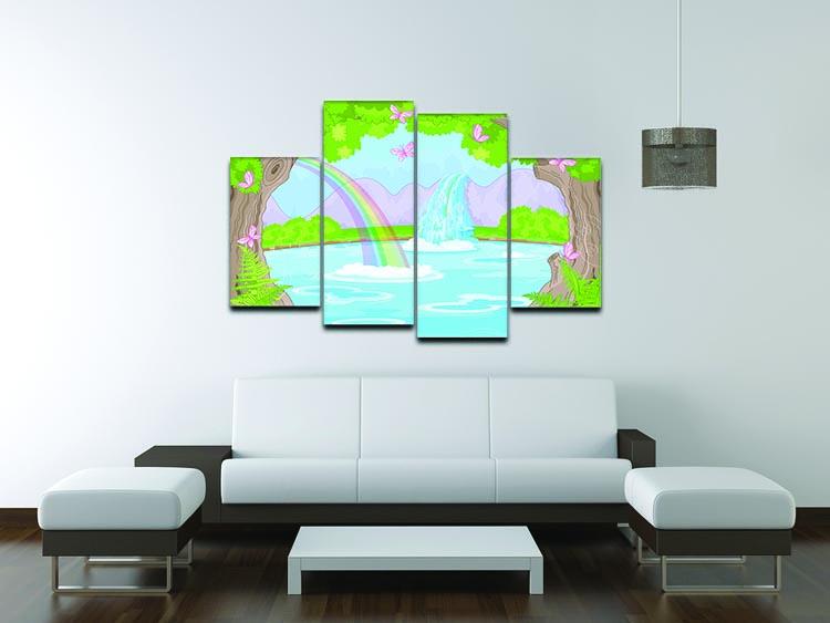 A stunning 4-split canvas artwork featuring a fairy landscape with a fabulous waterfall, showcasing vibrant colors and intricate details.