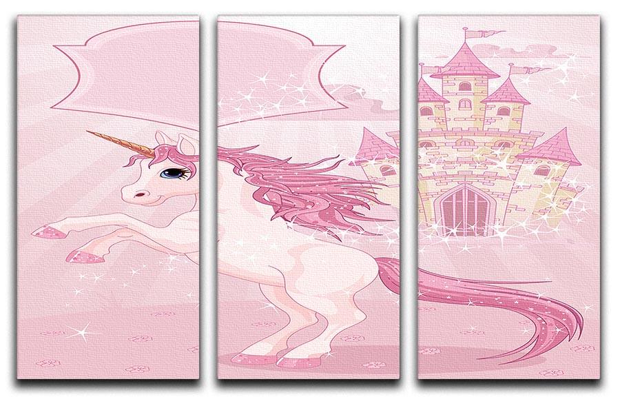 A beautiful 3-panel canvas print featuring a fairy tale castle and unicorn, perfect for home decor.