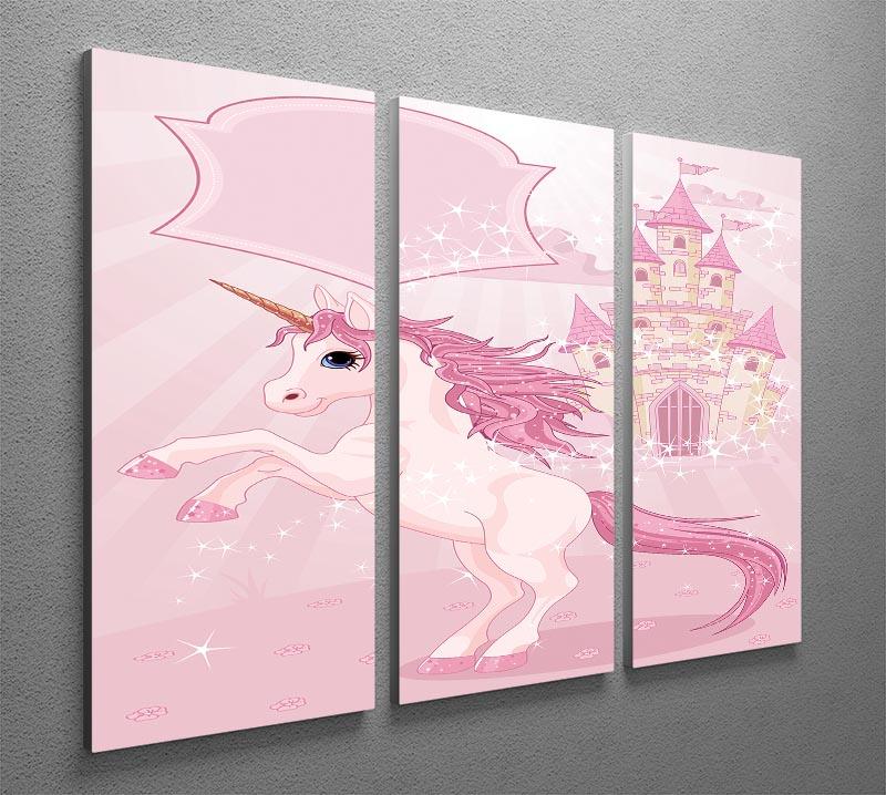 A beautiful 3-panel canvas print featuring a fairy tale castle and unicorn, perfect for home decor.