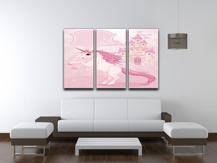 A beautiful 3-panel canvas print featuring a fairy tale castle and unicorn, perfect for home decor.