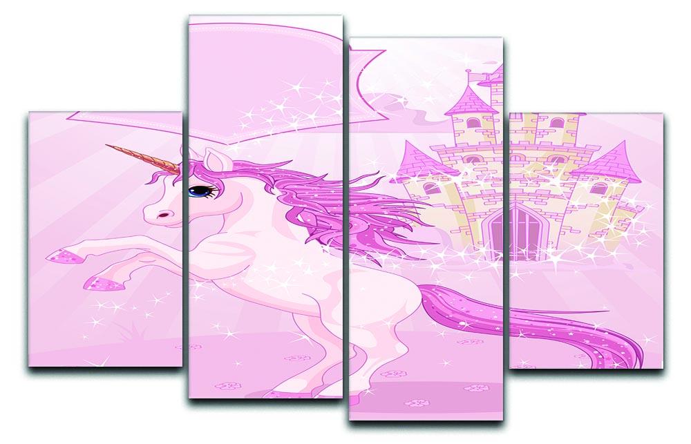 A whimsical 4-panel canvas artwork featuring a fairy tale castle and a unicorn, designed to create a magical atmosphere.