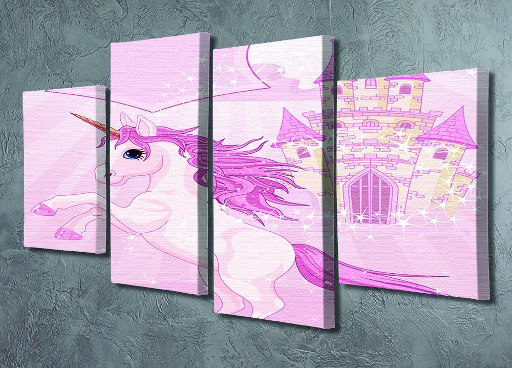 A whimsical 4-panel canvas artwork featuring a fairy tale castle and a unicorn, designed to create a magical atmosphere.