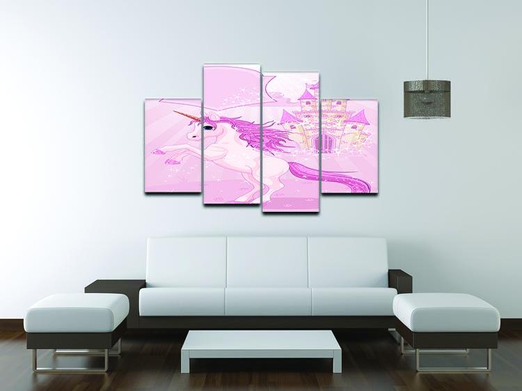 A whimsical 4-panel canvas artwork featuring a fairy tale castle and a unicorn, designed to create a magical atmosphere.