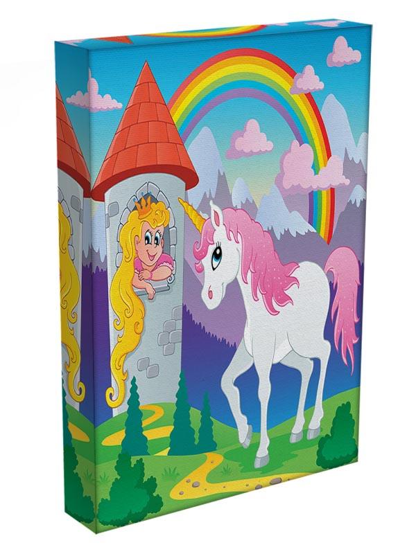 A vibrant canvas print featuring a whimsical fairy tale unicorn surrounded by colorful flowers and a dreamy background.