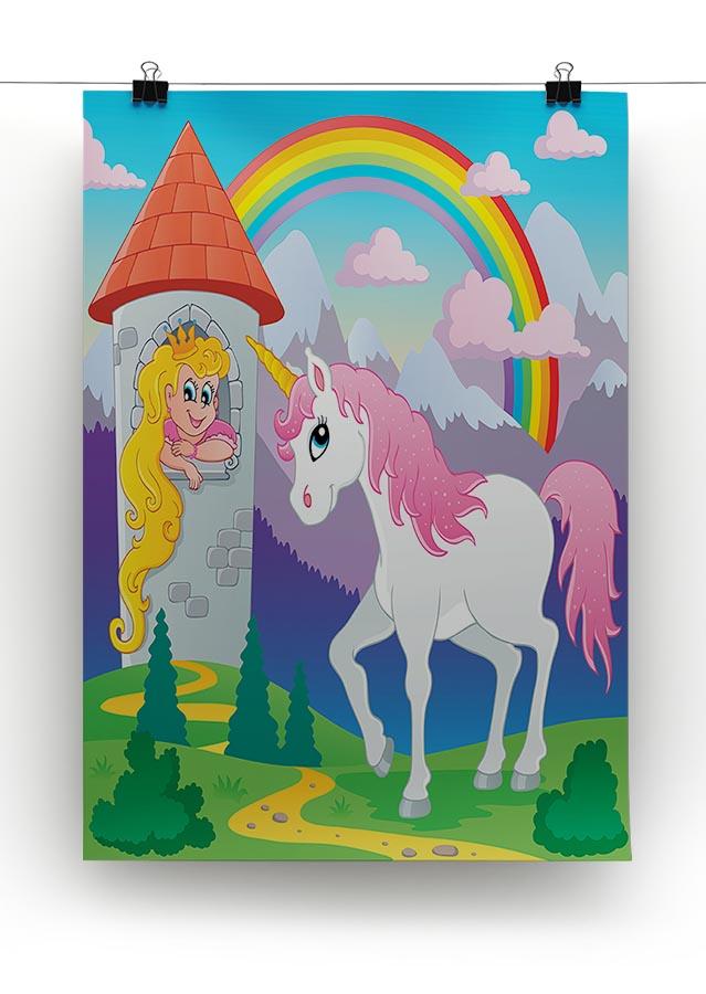 A vibrant canvas print featuring a whimsical fairy tale unicorn surrounded by colorful flowers and a dreamy background.