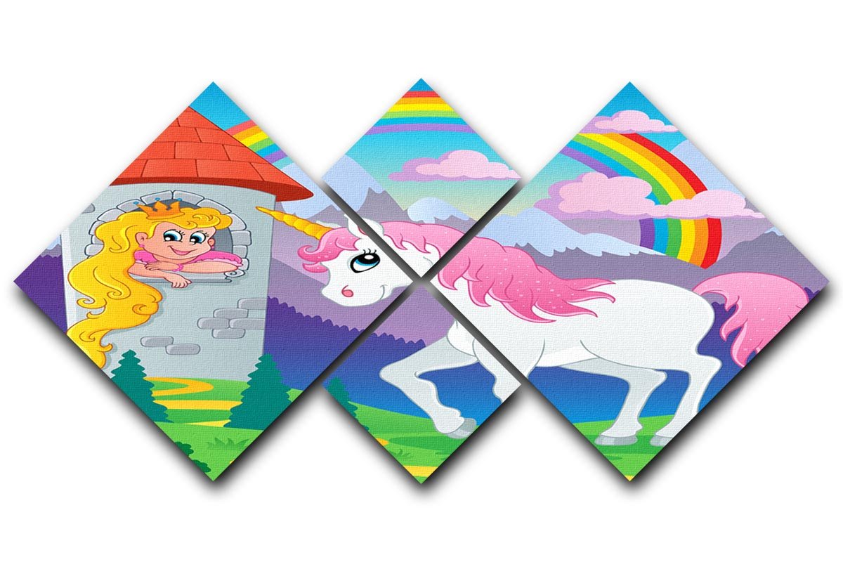 Four-panel canvas artwork featuring a whimsical unicorn design in vibrant colors, perfect for children's rooms.