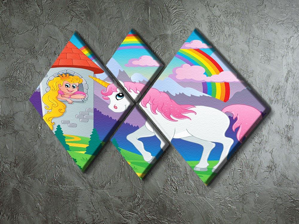 Four-panel canvas artwork featuring a whimsical unicorn design in vibrant colors, perfect for children's rooms.