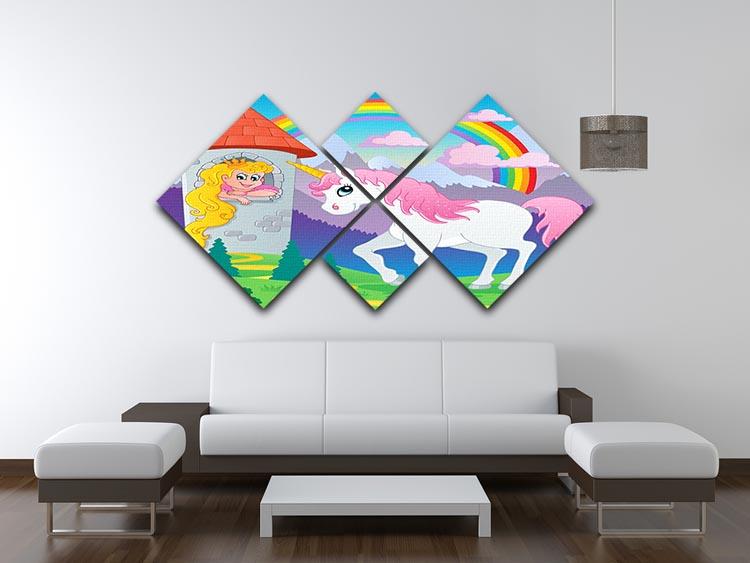 Four-panel canvas artwork featuring a whimsical unicorn design in vibrant colors, perfect for children's rooms.
