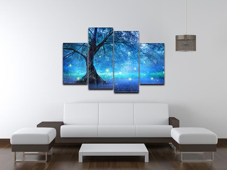 A beautiful 4-split canvas artwork featuring a fairy tree in a mystical forest, showcasing vibrant colors and intricate details across four panels.