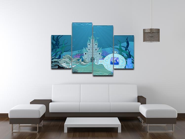 A beautiful 4-panel canvas artwork featuring a fairytale dolphin carriage sailing on the ocean, showcasing vibrant colors and intricate details.