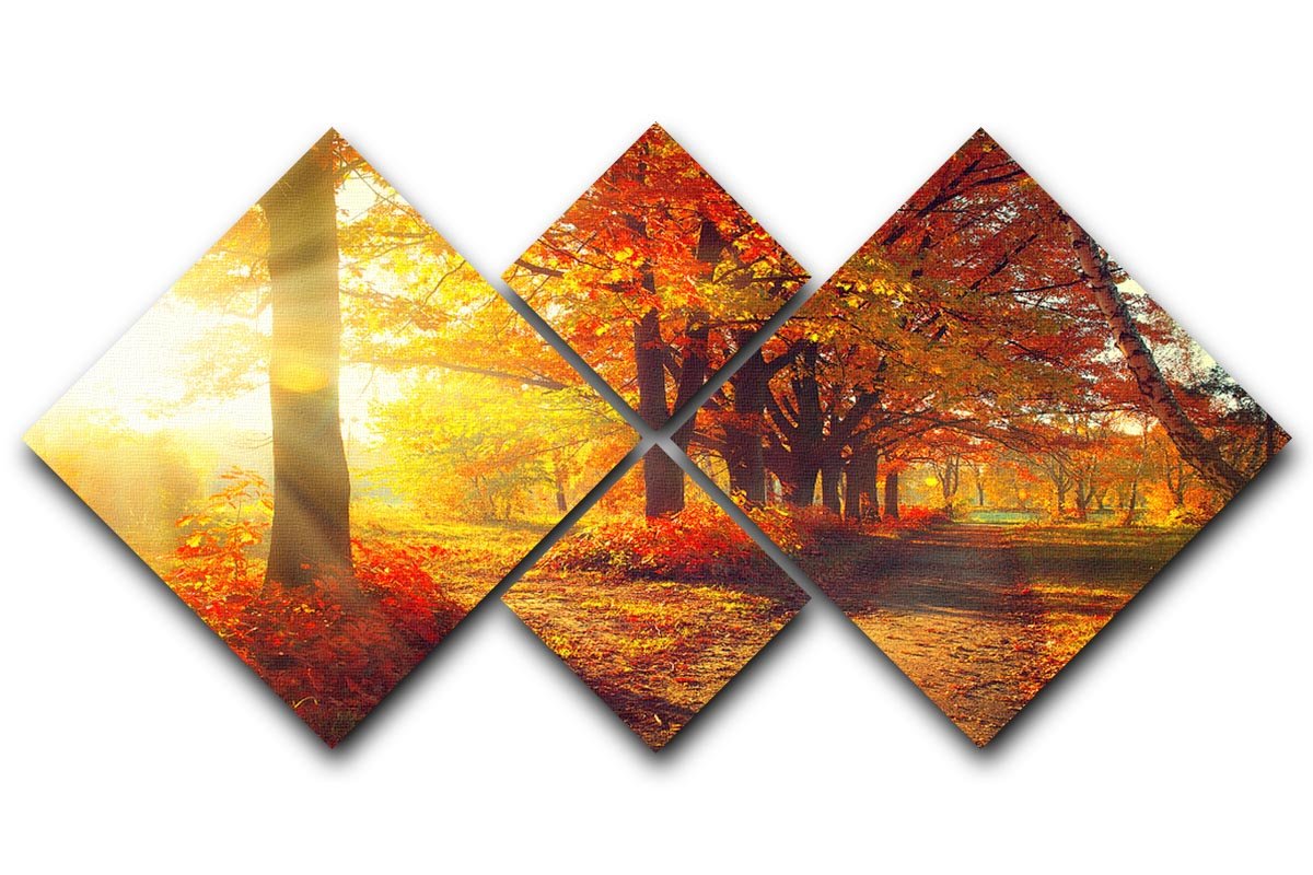 A beautiful multi-panel canvas artwork depicting a serene autumn park scene with vibrant fall colors.
