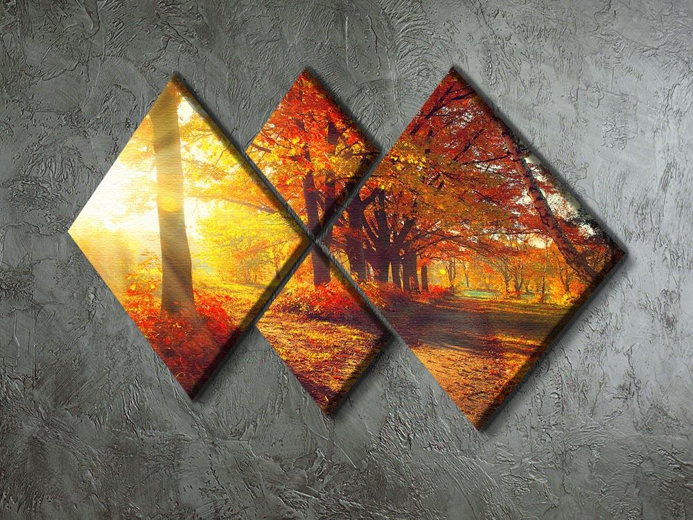 A beautiful multi-panel canvas artwork depicting a serene autumn park scene with vibrant fall colors.