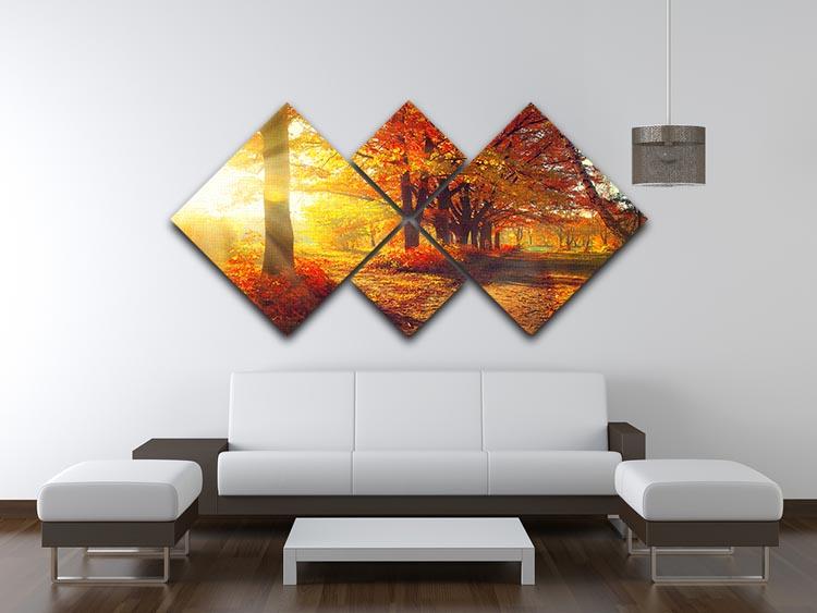 A beautiful multi-panel canvas artwork depicting a serene autumn park scene with vibrant fall colors.