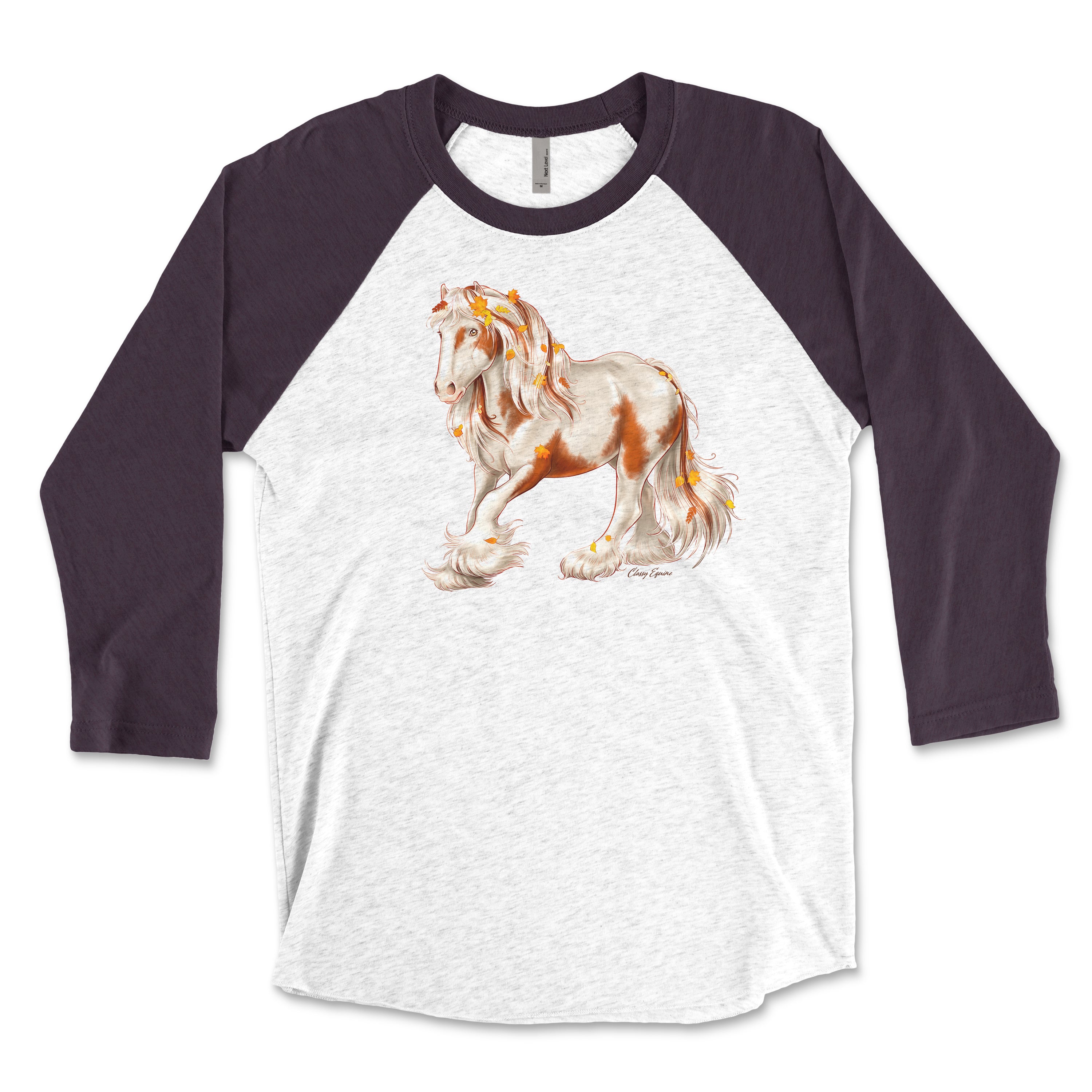 Fall Chestnut Tobiano Gypsy Horse Raglan with vintage sleeves, perfect for autumn wear.