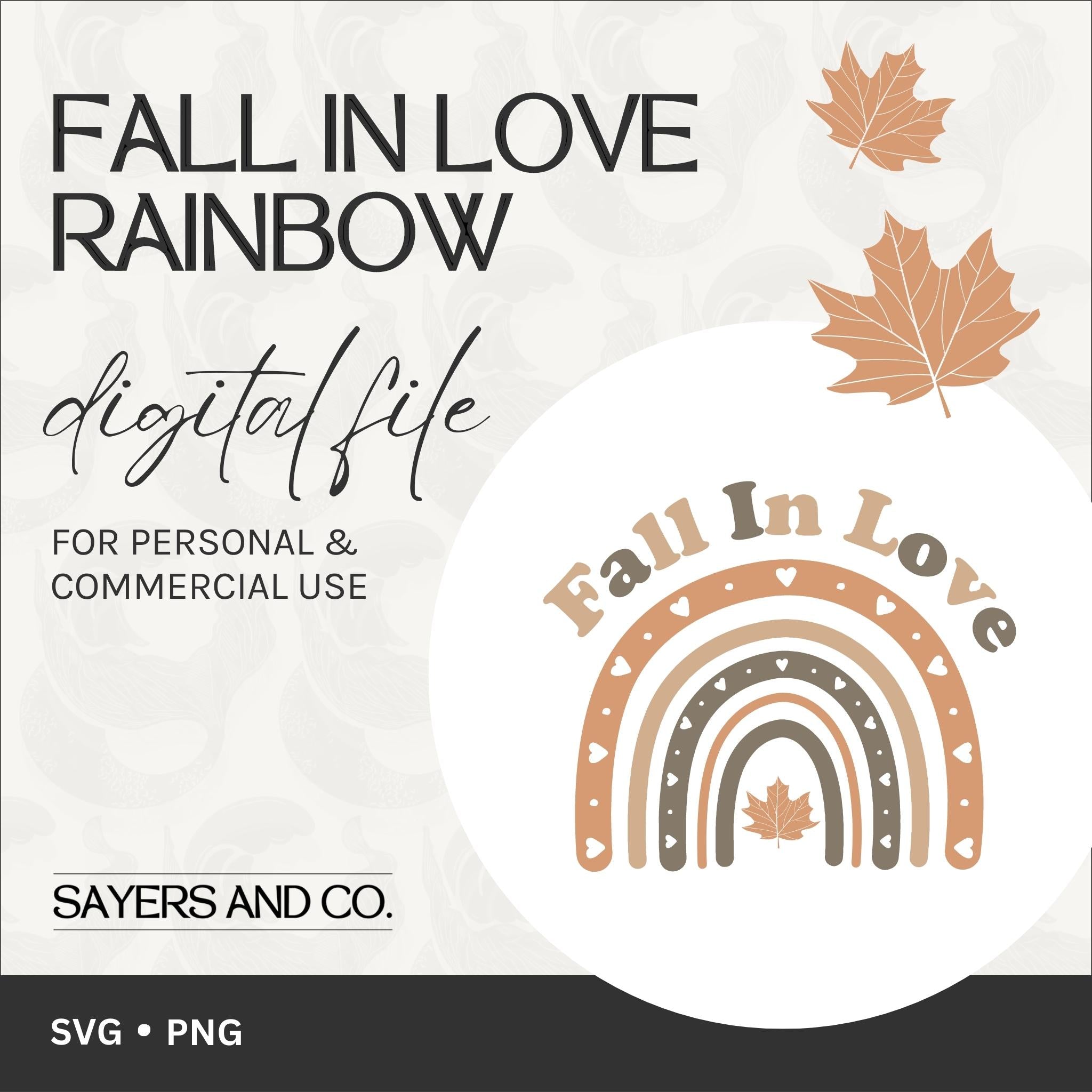 Colorful Fall In Love Rainbow Digital Files showcasing autumn-themed designs in SVG and PNG formats for creative projects.