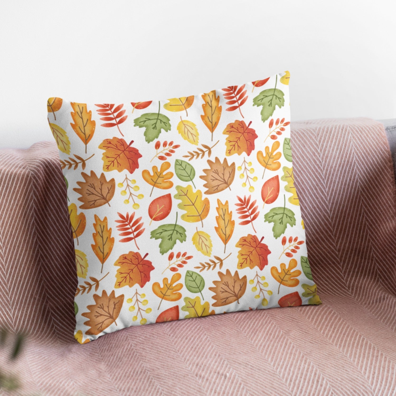 Fall Leaves Pattern Cushion Cover featuring vibrant autumn leaves design on a cream background, perfect for home decoration.