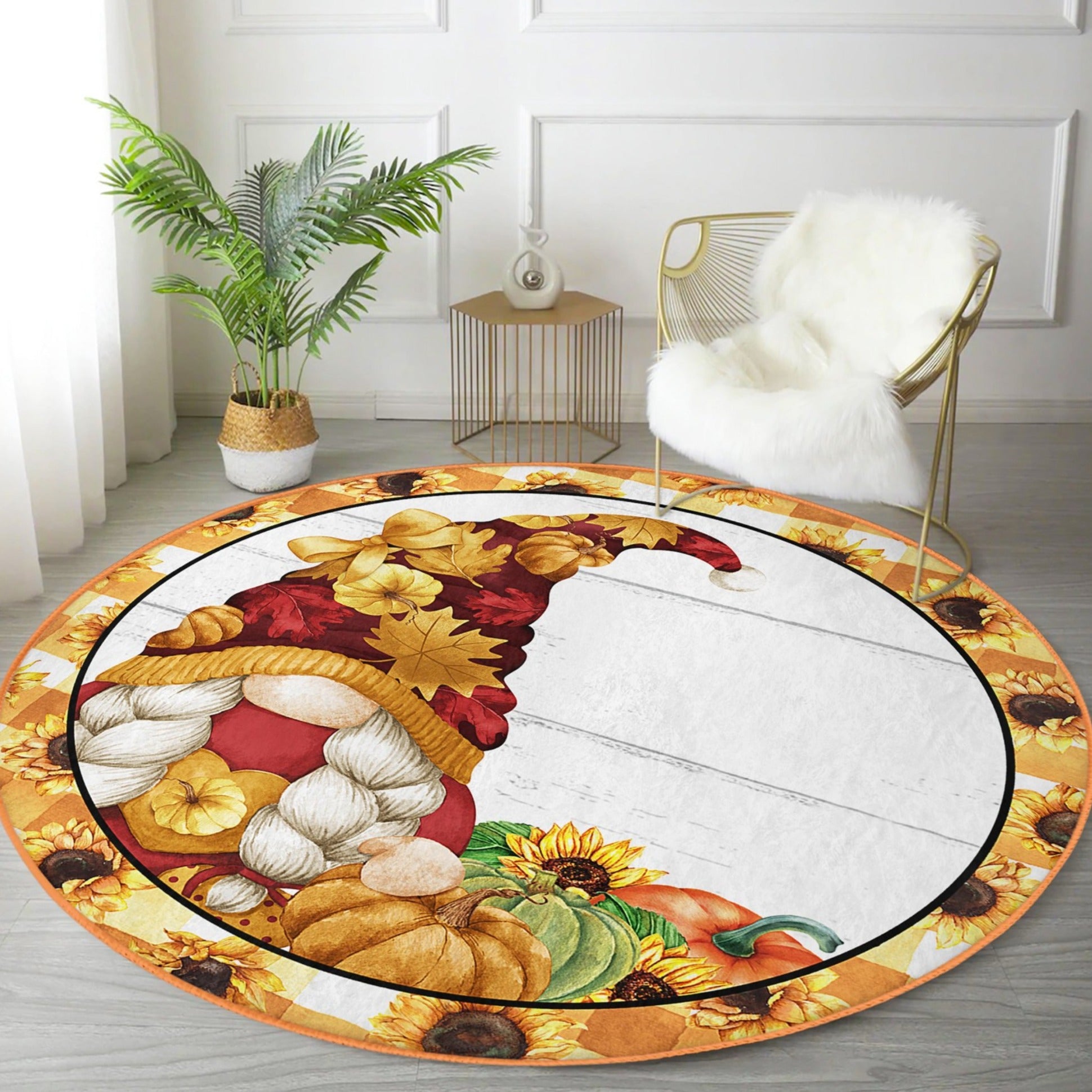 A cozy round rug featuring a whimsical gnome pattern, perfect for fall decor, made from soft velvet fabric.