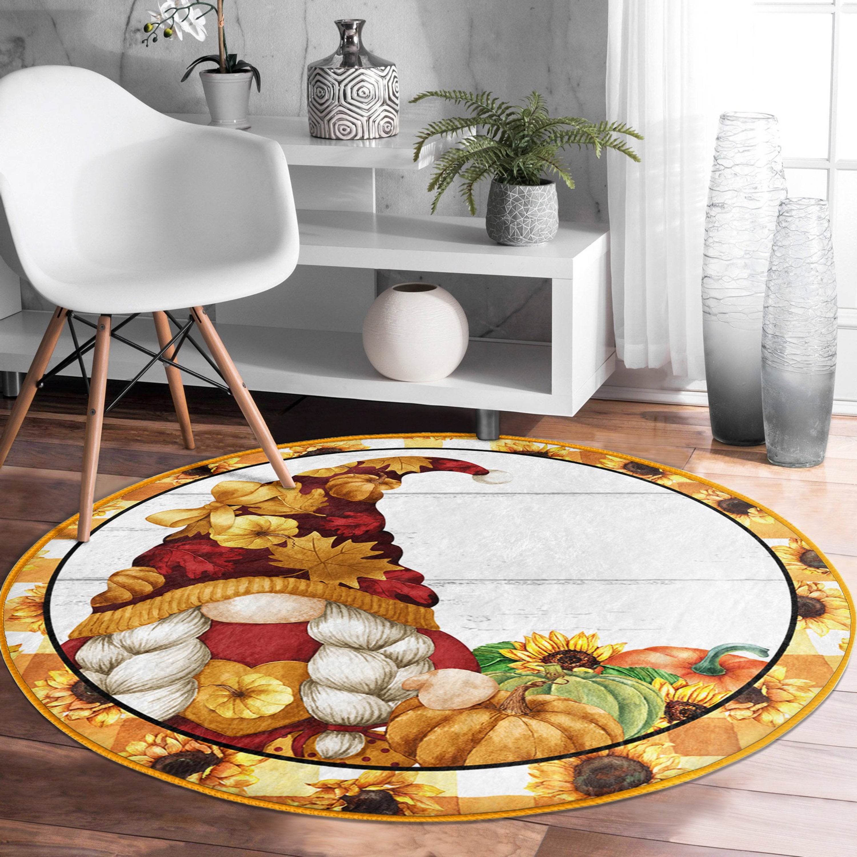 A cozy round rug featuring a whimsical gnome pattern, perfect for fall decor, made from soft velvet fabric.
