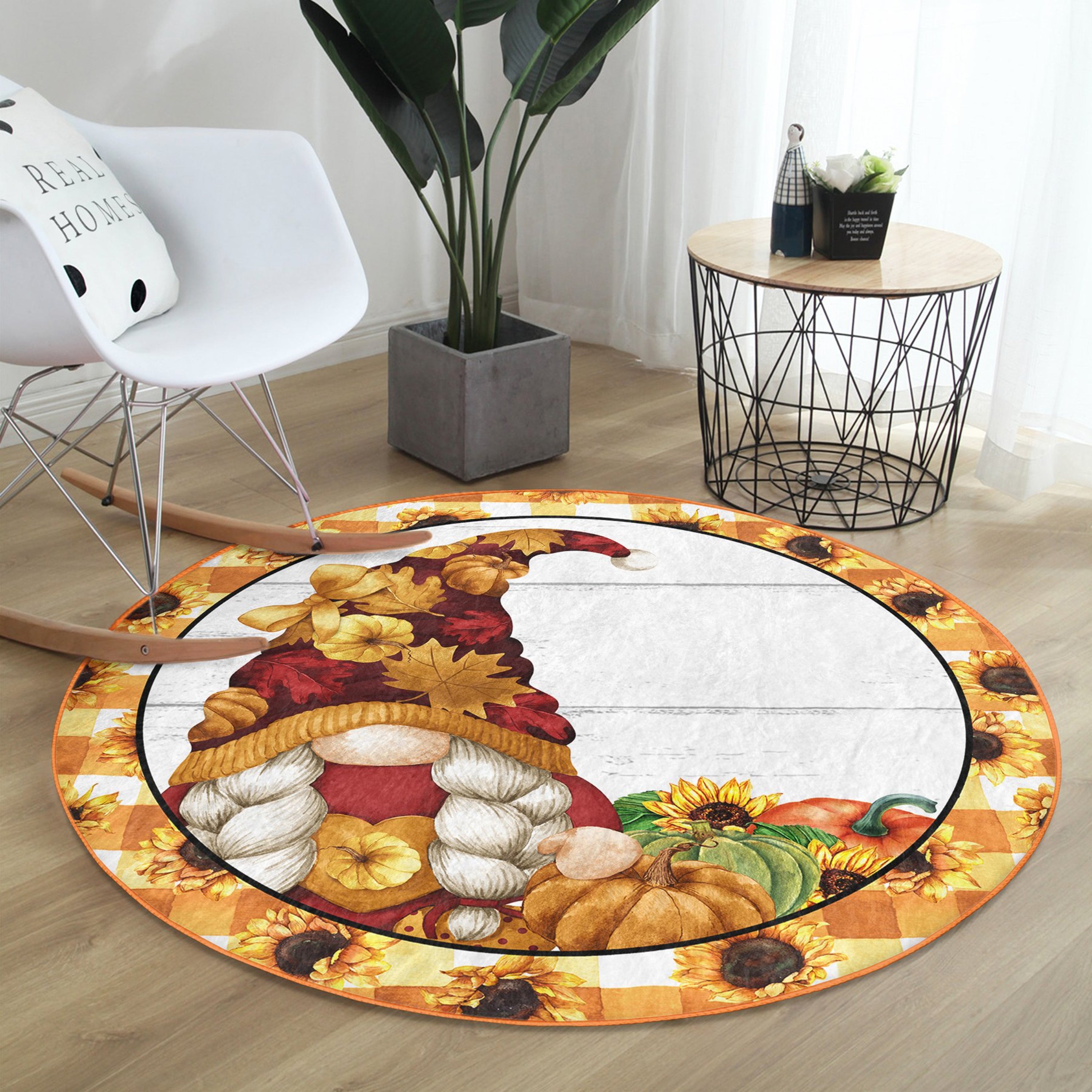 A cozy round rug featuring a whimsical gnome pattern, perfect for fall decor, made from soft velvet fabric.