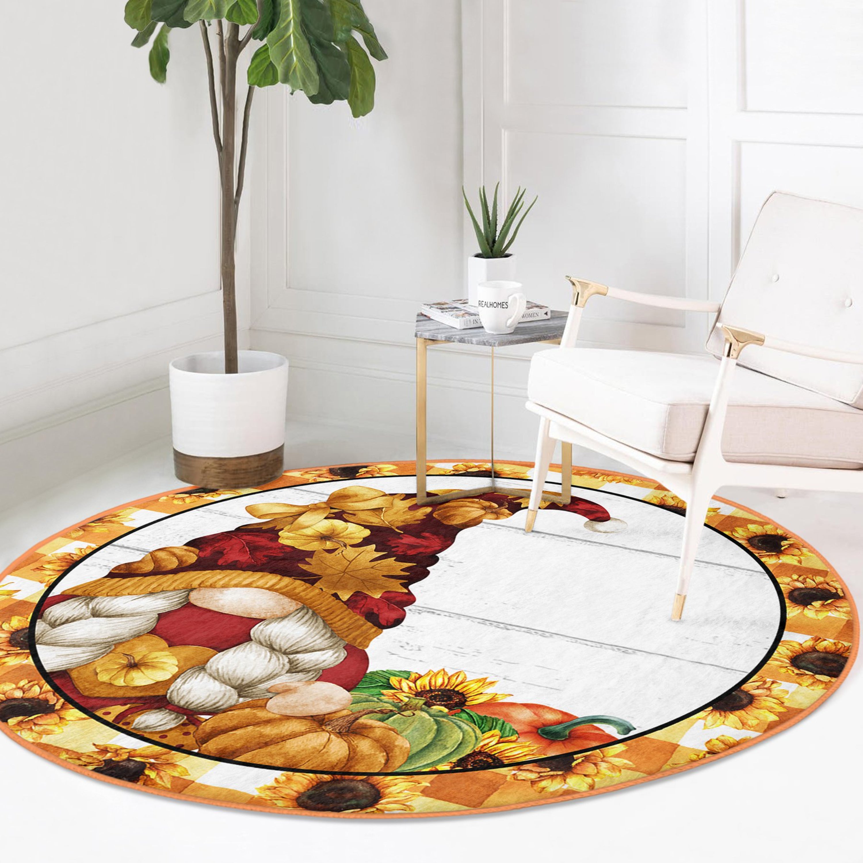 A cozy round rug featuring a whimsical gnome pattern, perfect for fall decor, made from soft velvet fabric.