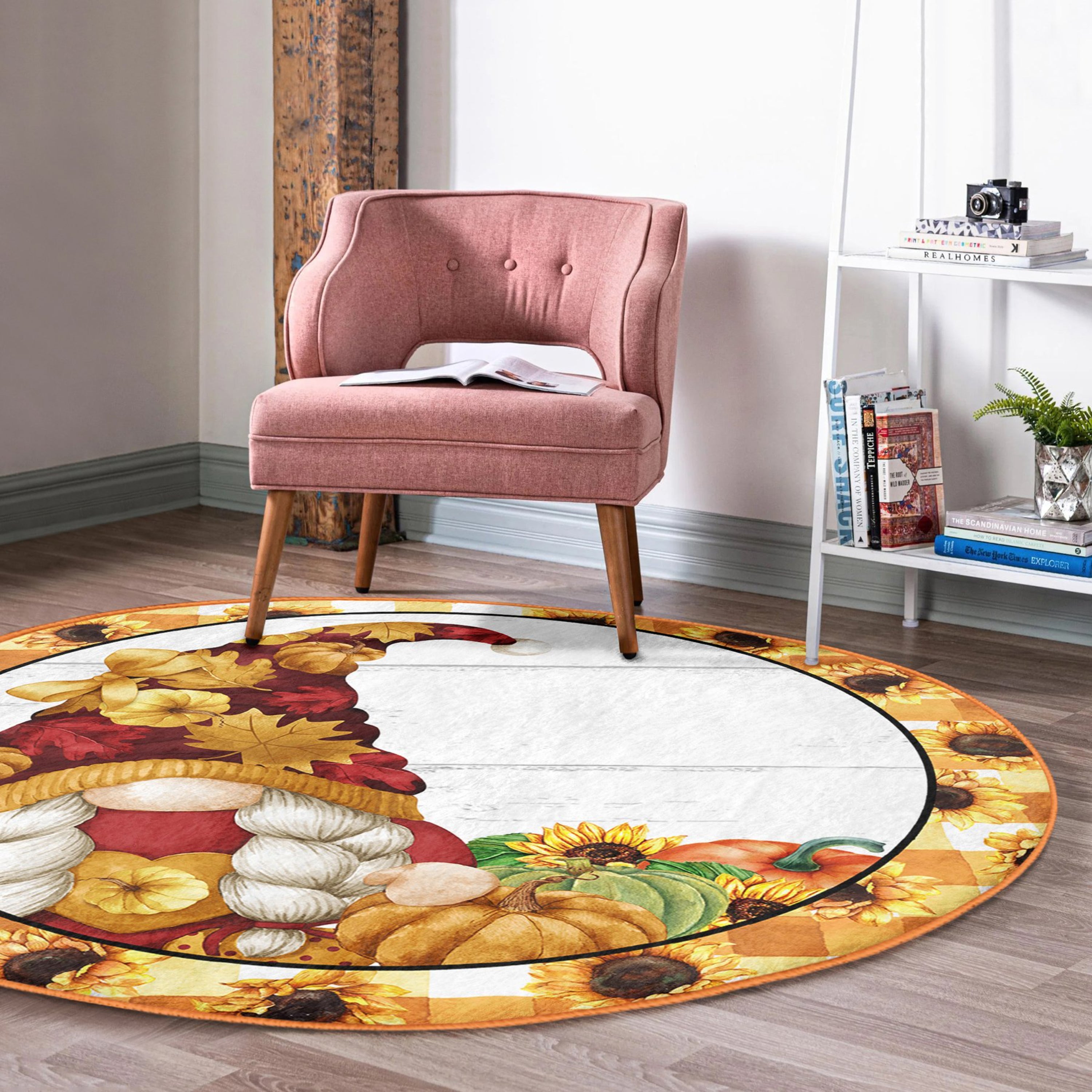 A cozy round rug featuring a whimsical gnome pattern, perfect for fall decor, made from soft velvet fabric.